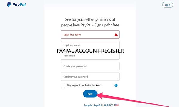 PayPal Account Register